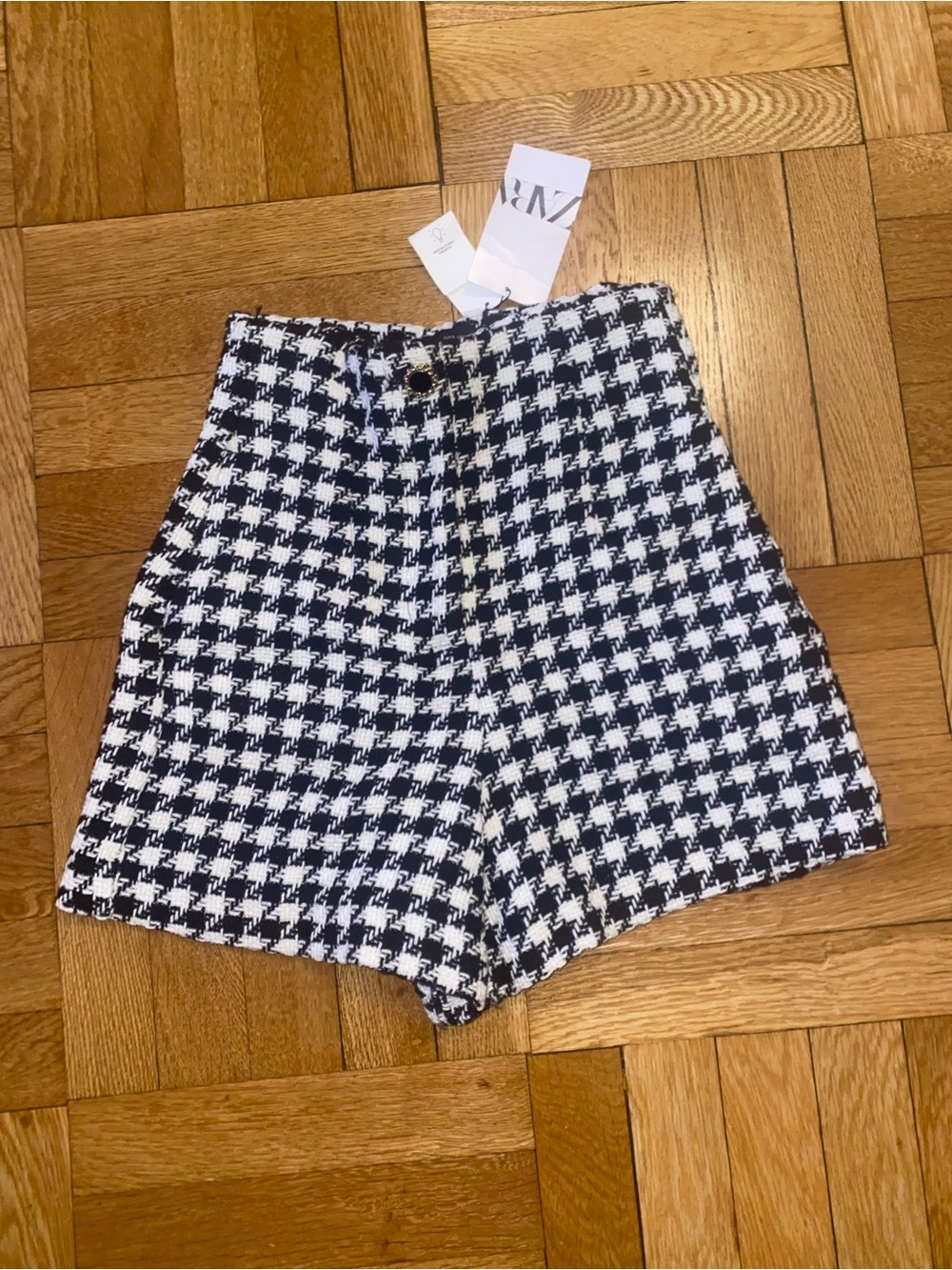 Zara Black & White Houndstooth High-Waist Shorts